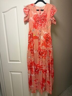 Coral Floral Ruffle Sleeve V-Neck Maxi Dress for Women, Short Sleeve, Long